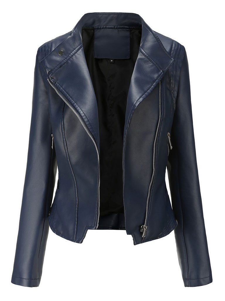 Navy Long Sleeve PU Leather Motorcycle Jacket