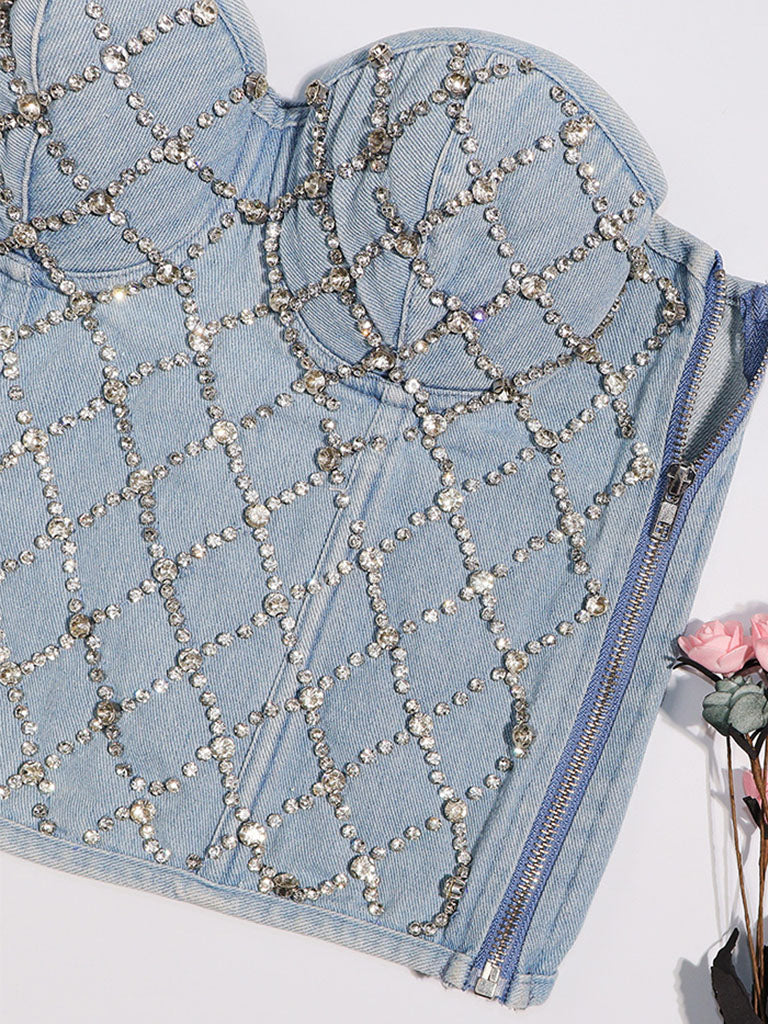 Denim Handmade Rhinestones Corset Camisole Top
