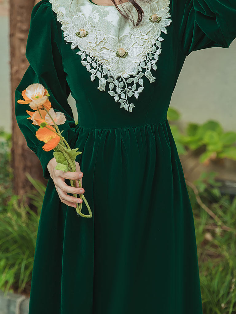 Emerald Green Flower Lace Velvet Long Sleeve Vintage Dress