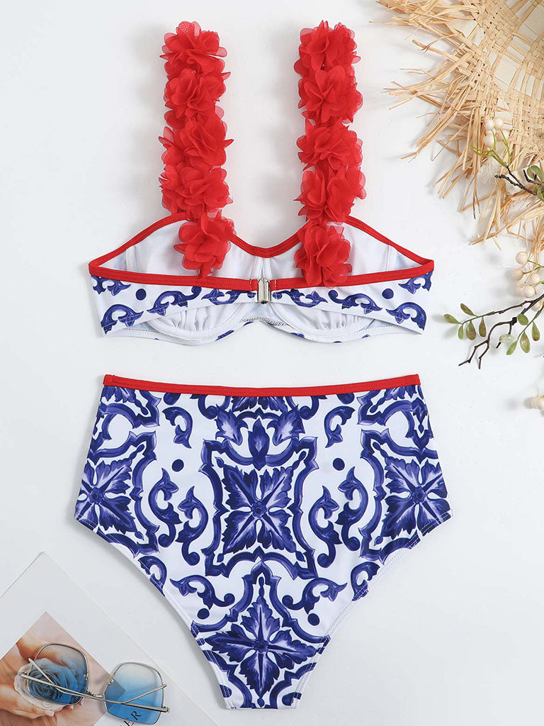 Floral Print Flower Strap Two Pieces