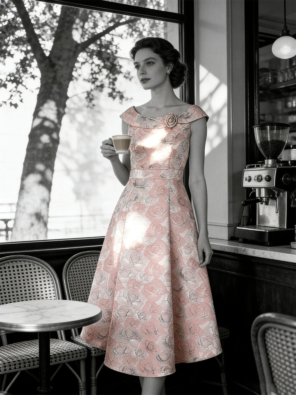 Pink Luxury 3D Rose Jacquard Off The Shoulder 1950s Vintage Party Gown