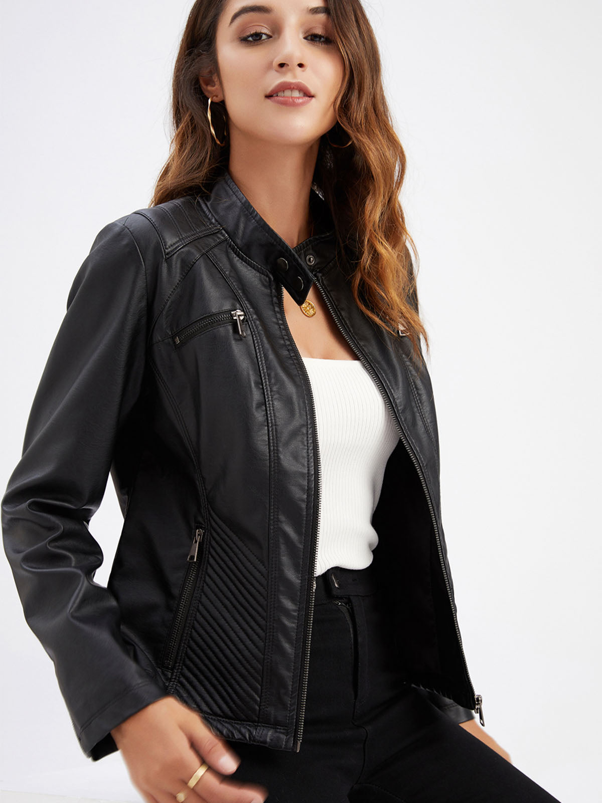 Pink Long Sleeve PU Leather Motorcycle Jacket For Women