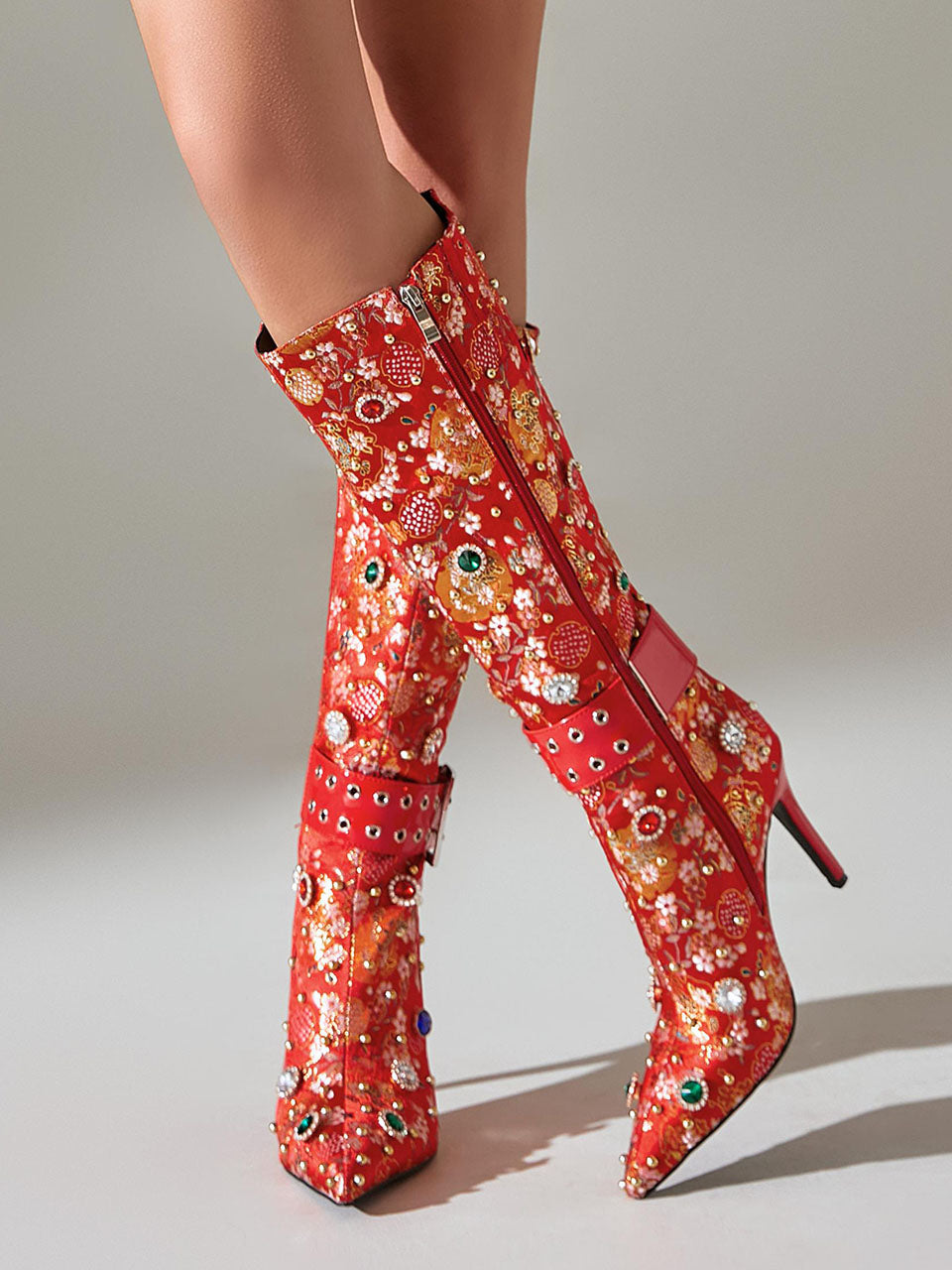 10CM Red Luxury Embroidered Stiletto Heel Boots Vintage Shoes