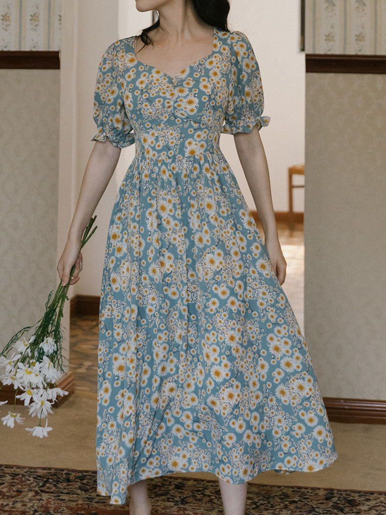 1950S Vintage Daisy Puff Sleeve Fairy Dress