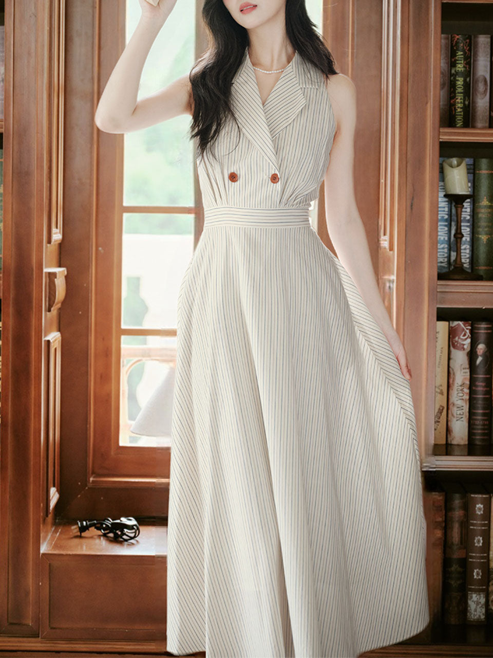 White V Neck Vertical Striped Vintage Dress