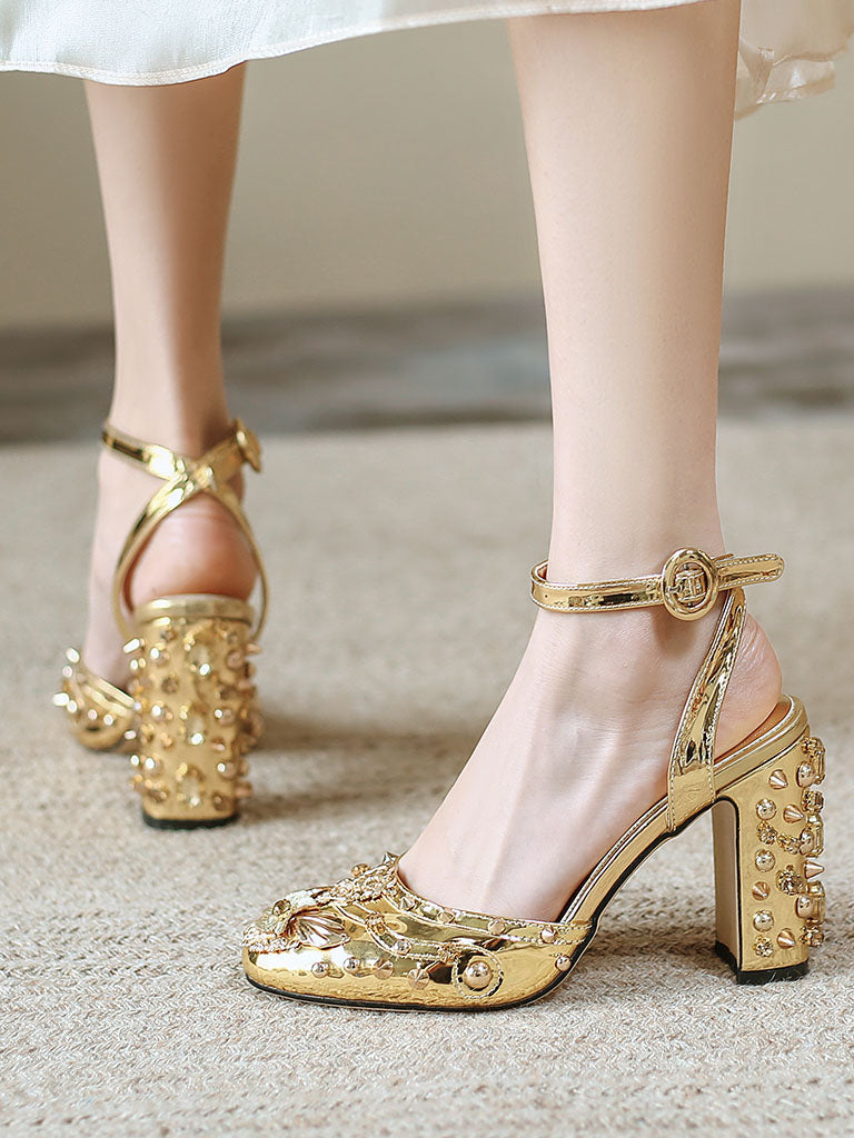 Luxurious Rivet Chunky Heel Sandals Vintage Shoes