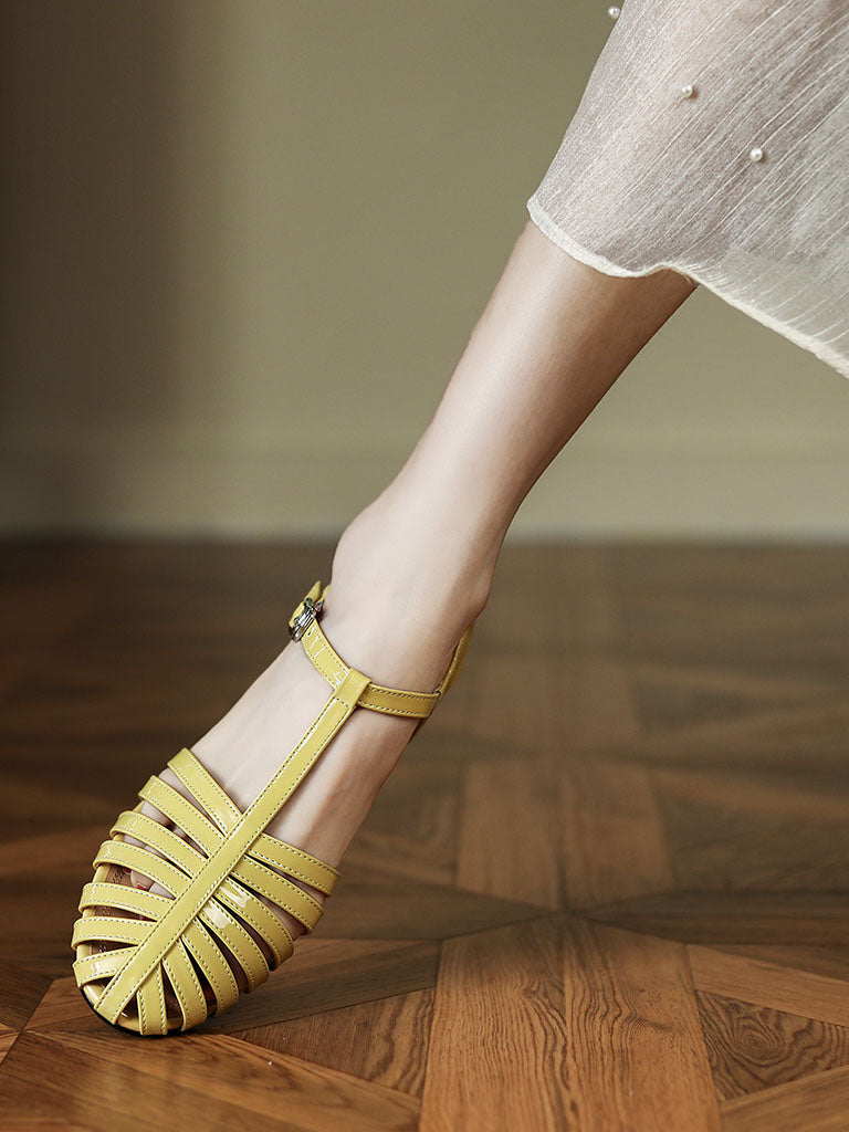 Flats Sandals Pointed Toe Hollow Belt Leather Vintage Shoes