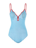 Blue Plaid Red Trim V-Neck One Piece Vintage Swimsuit