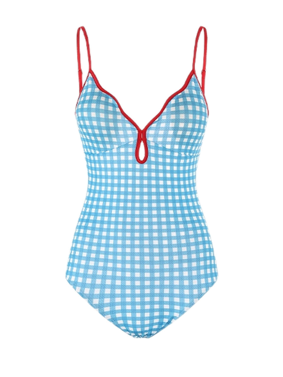 Blue Plaid Red Trim V-Neck One Piece Vintage Swimsuit