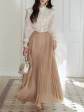 2PS White Victorian Lace Shirt and High Waist Pleated Skirt Vintage Dress Outfit
