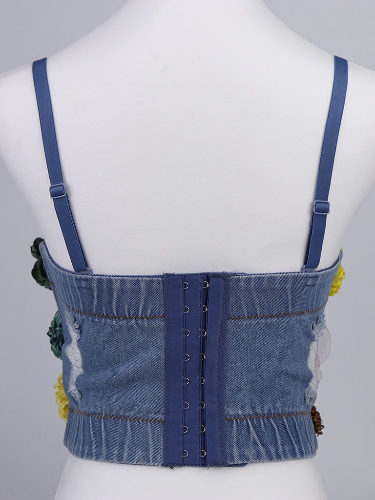 Denim Handmade Flowers Corset Camisole Top