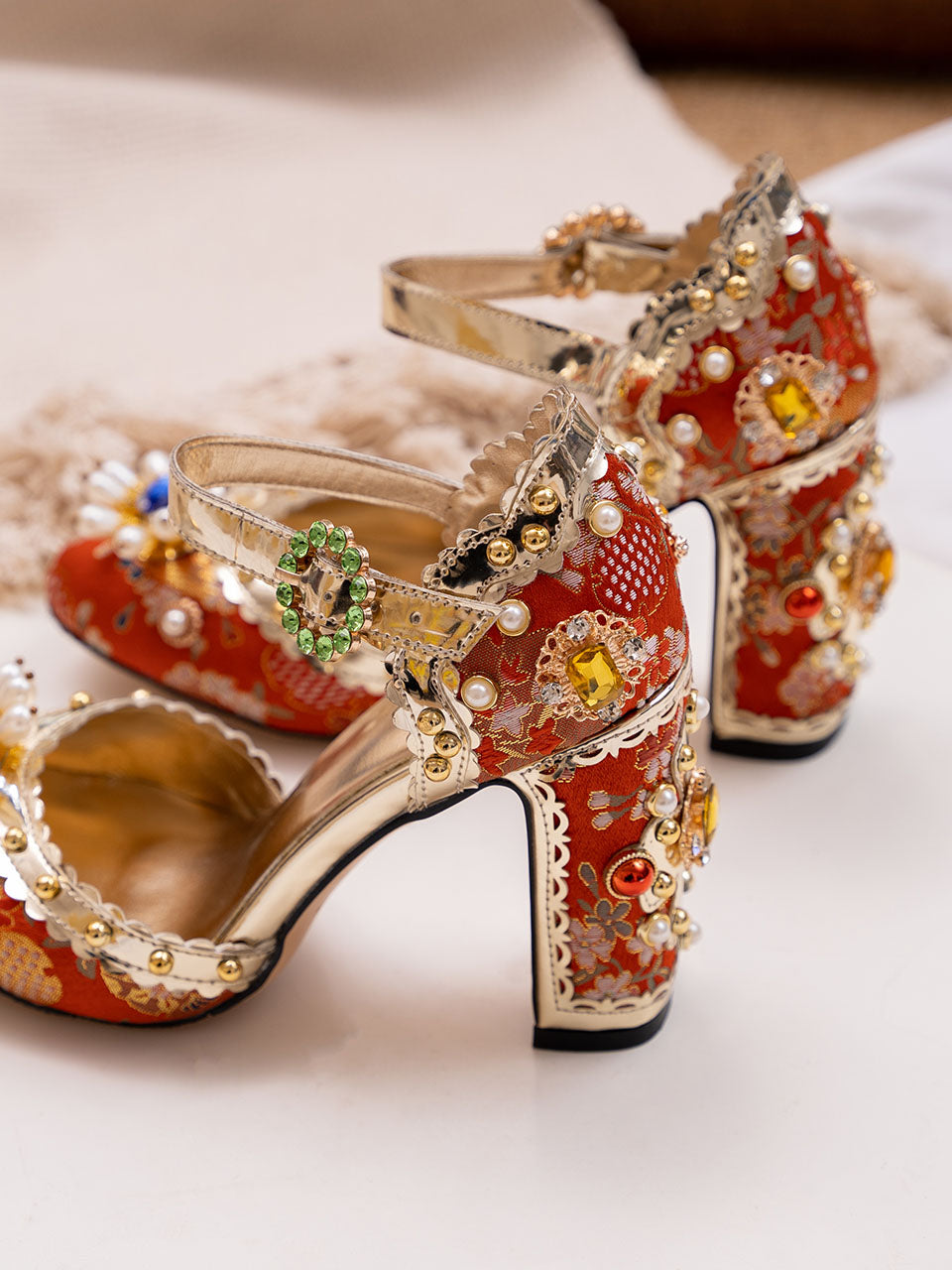 10CM Luxury Flower Chunky Heels Retro Shoes