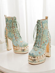 15CM Luxury Embroidered Chunky High Heel Platform Bootie Vintage Shoes