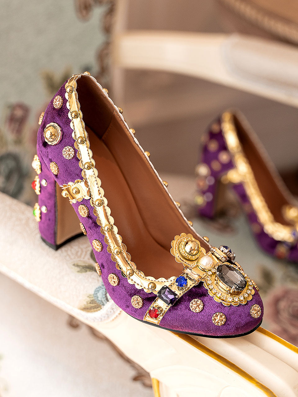 10CM Luxury Pearls And Diamonds Chunky Heels Retro Shoes