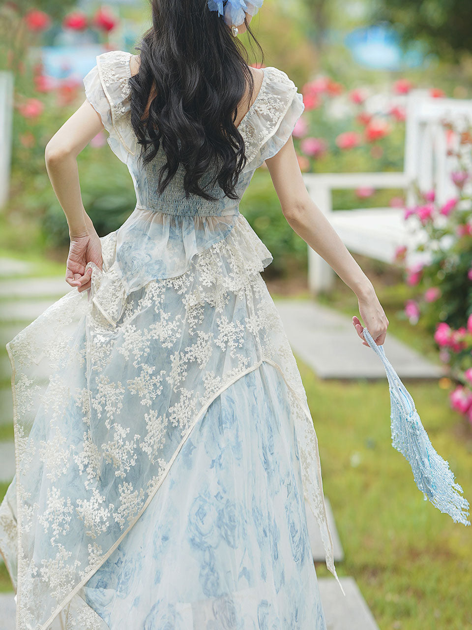 2PS Blue Square Collar Lace Floral Print Sleeveless Top