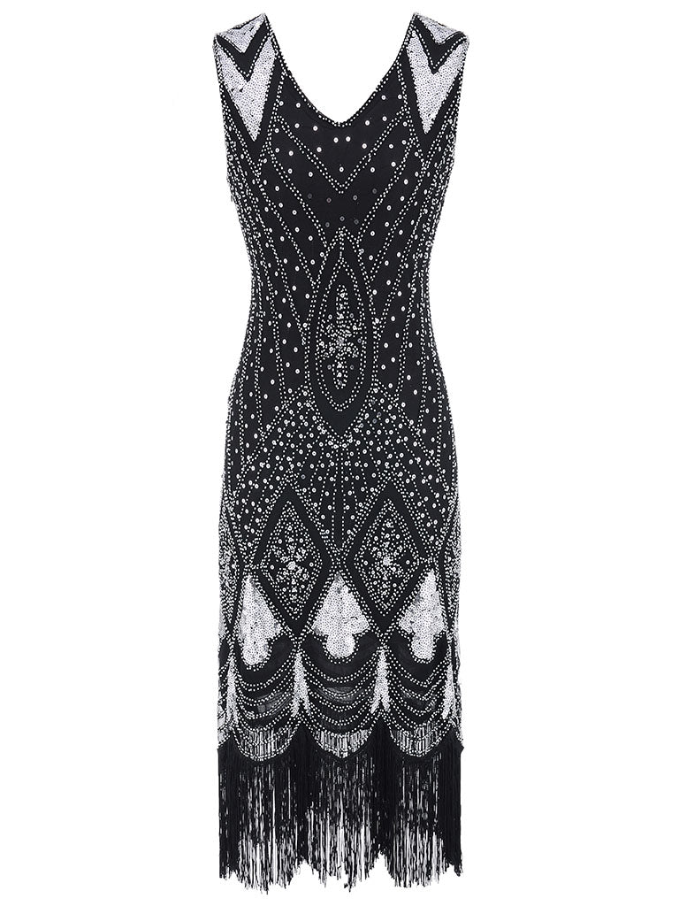 Red 1920s V Neck Sequined Flapper Dress