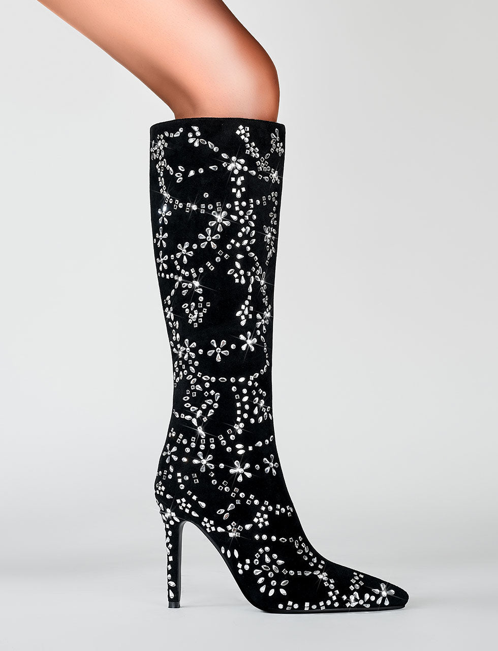 Black High Heel Pointed Toes Luxury Flower Bling Rhinestone Boots Shoes