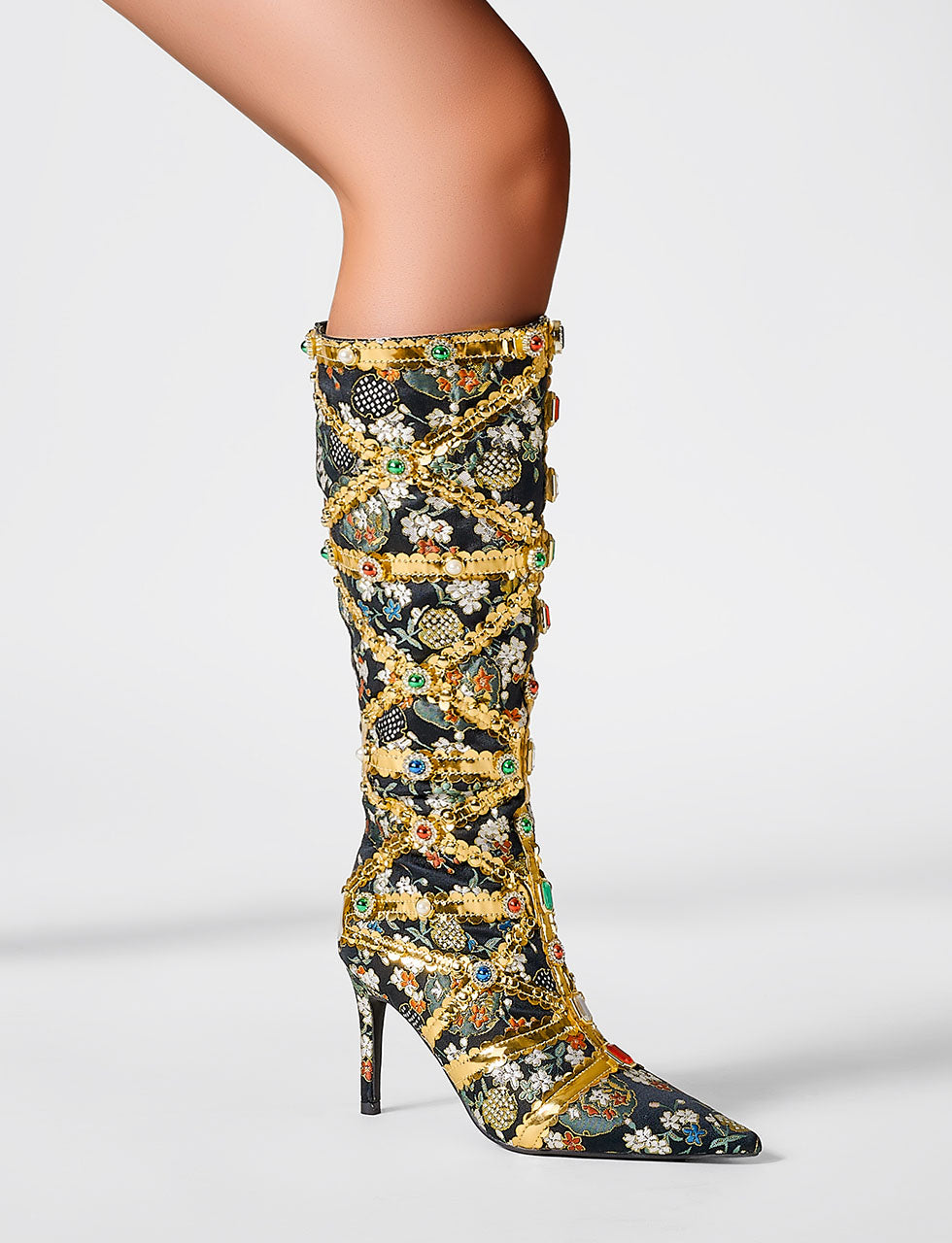 10CM Luxury Embroidered Chunky High Heel Platform Boots Vintage Shoes