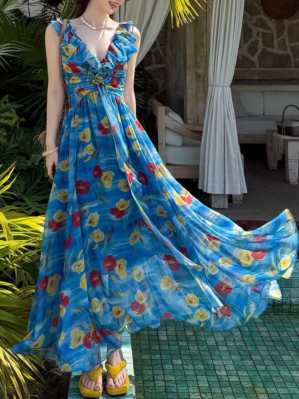 2PS Blue Floral Print V-Neck Ruffles Maxi Dress