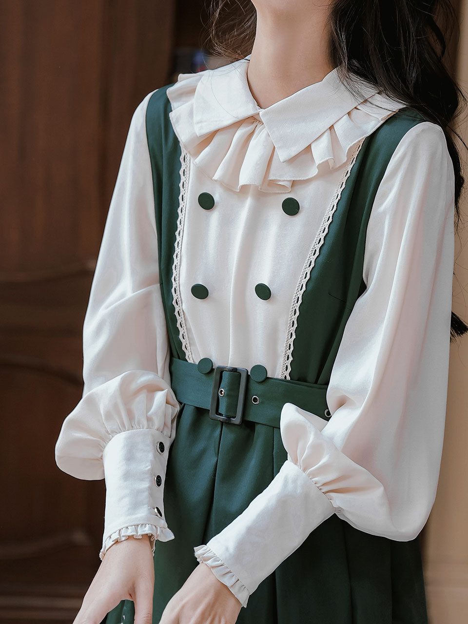 Dark Green Long Lantern Sleeves Edwardian Ruffle Dress