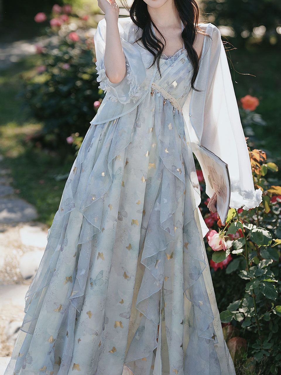 Fairycore Butterfly Maxi Dress Glitter Ruffle Halter Prom Gown