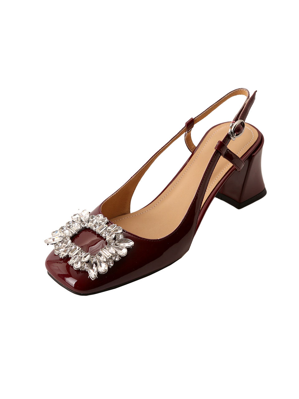 Round Toe Rhinestones Chunky Heel Sandals Leather Vintage Shoes