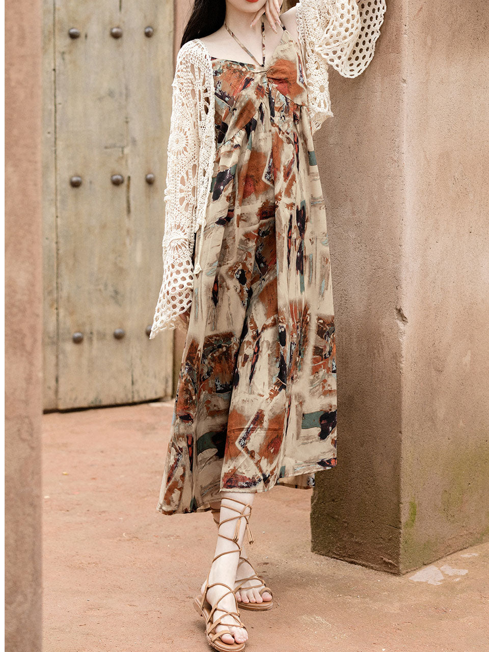 2PS Brown Spaghetti Strap Tropical Pattern Holiday  Dress