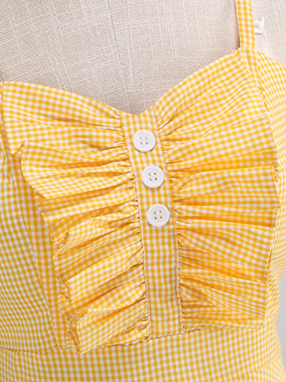 Yellow Plaid Spaghetti Bow Ruffles 1950S Vintage Dress