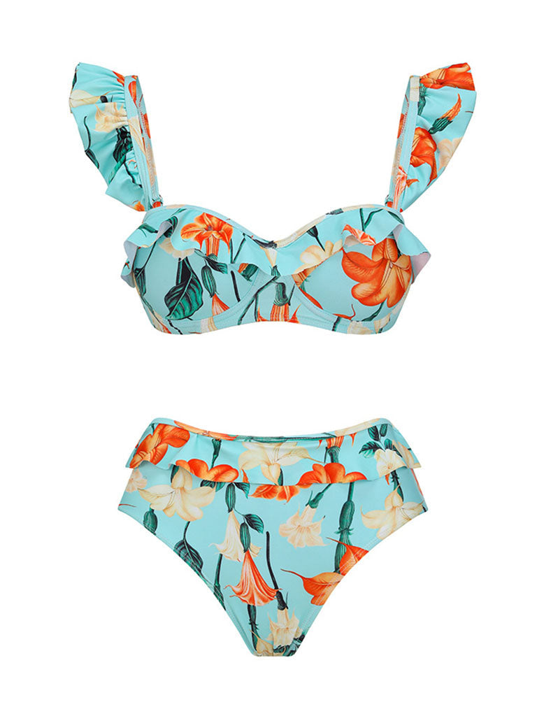 Light Green Retro Floral Print Bikini