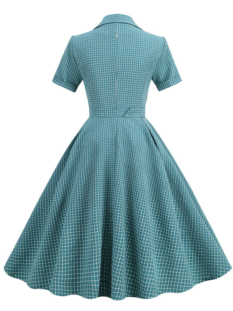 Green Plaid Turn Down Collar Short Sleeves 1950S Vintage Shirt Dress
