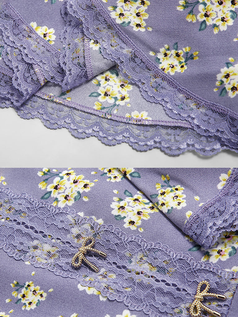 Lavender Lace Collar Ruffles Sleeve Floral Print 1930S Vintage Dress