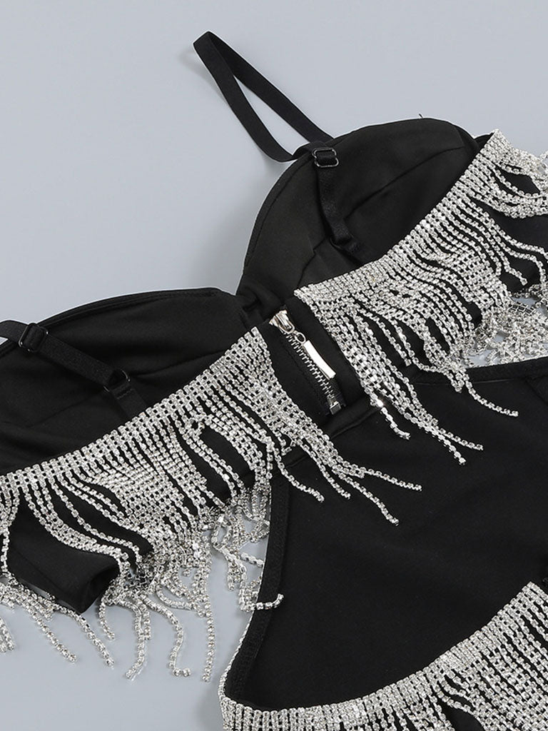 Black Spaghetti Strap Rhinestones Slit Gown Party Dress