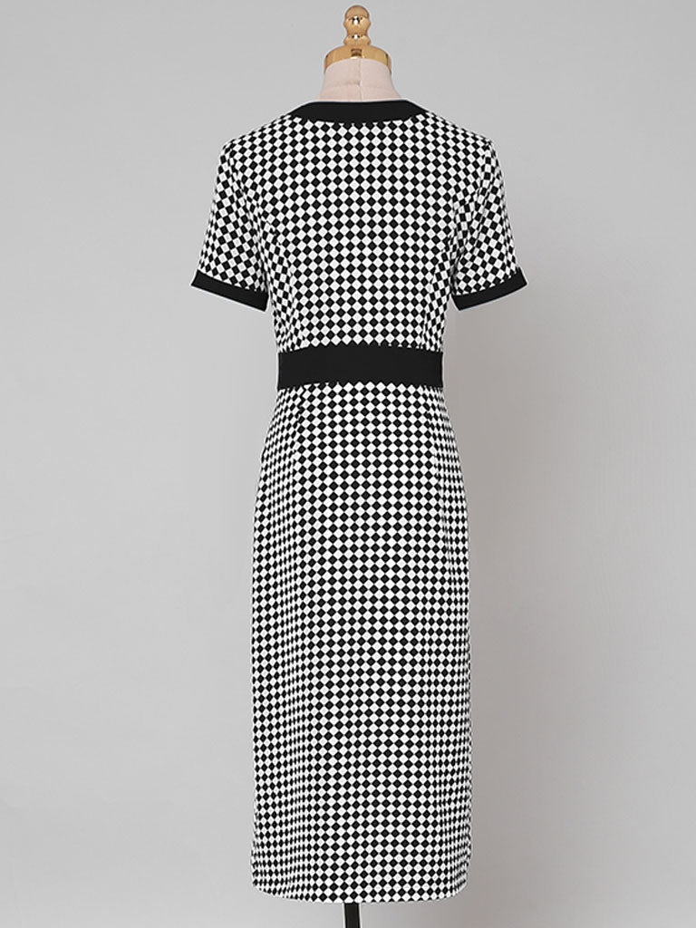 Green V Neck Checkerboard Print Short Sleeve 1940S Vintage Dress