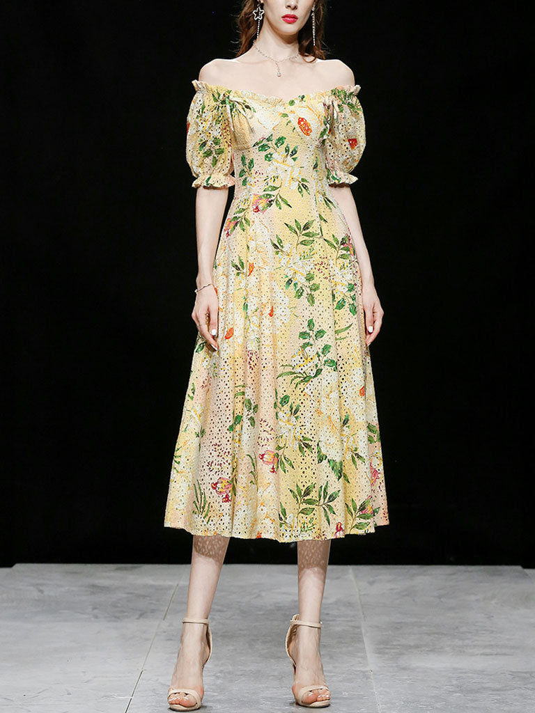 Embroidered Puff Sleeve Monet's Garden 1950s Vintage Party Dress