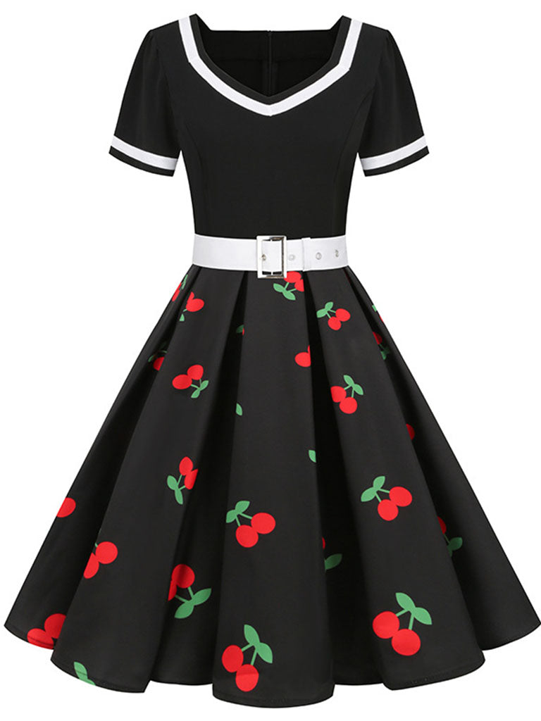 Blue V Neck Cherry Swing 1950S Vintage Dress