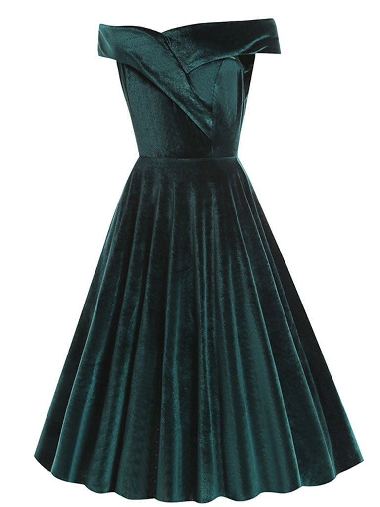 Christmas Red Off Shoulder Velvet 1950S Vintage Swing Dress