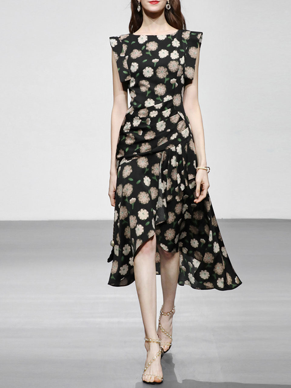 Black Floral Print Short Front Long Back Design Butterfly Sleeve 1940S Vintage Dress