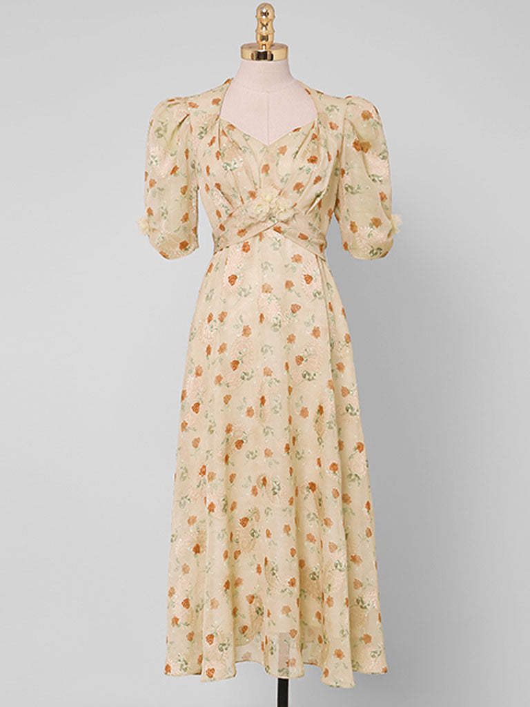 Pink Rose Floral Chiffon Vintage Style 1950S Dress
