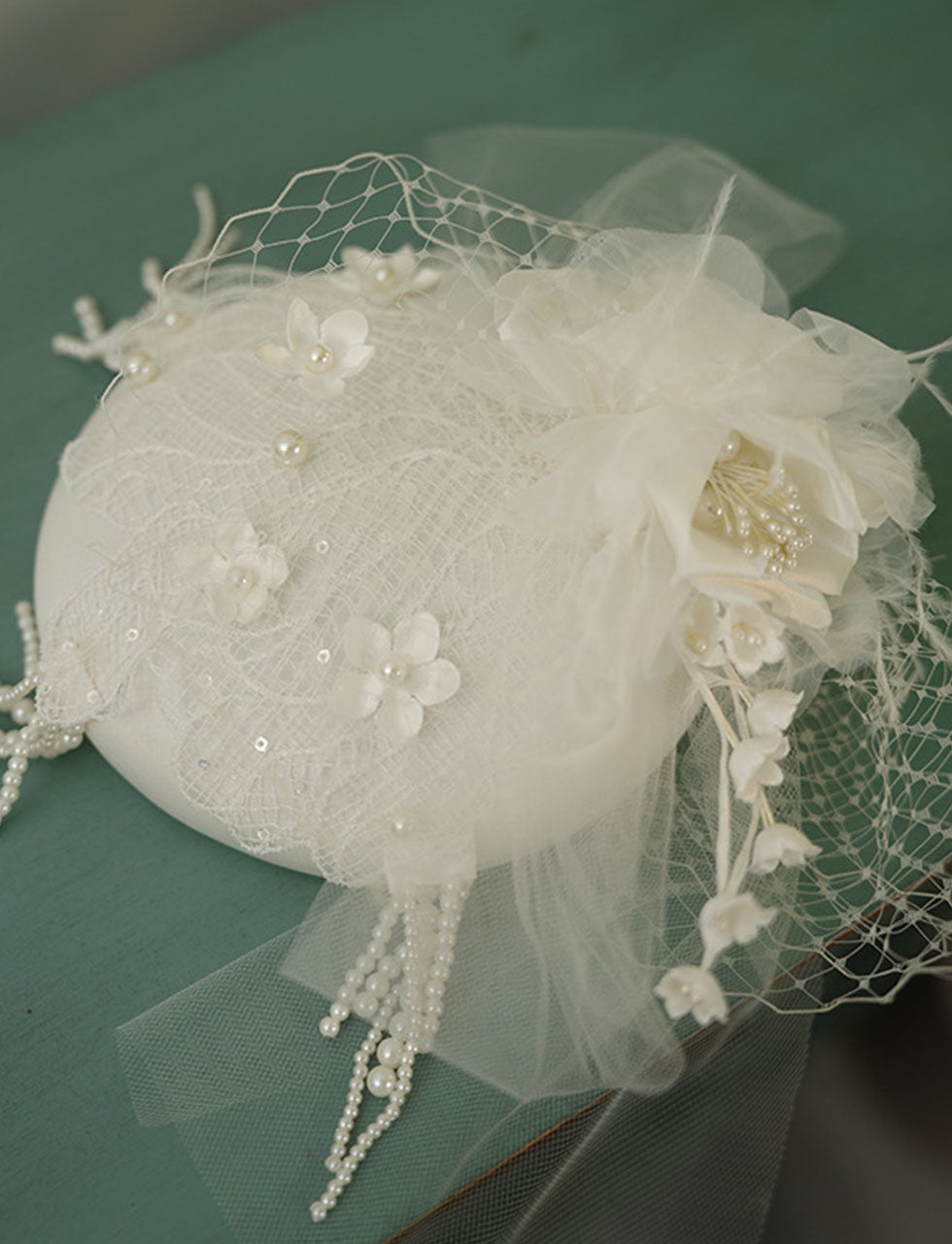 White Handmade Flowers Satin Birdcage Veil Wedding Vintage Hat