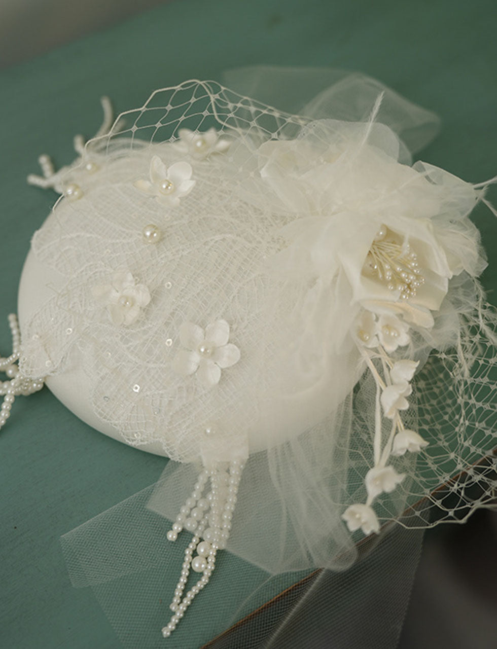 White Handmade Flowers Satin Birdcage Veil Wedding Vintage Hat
