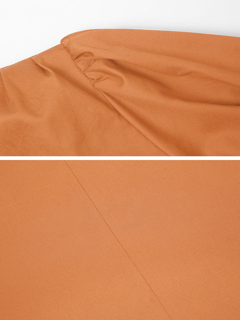 Orange V Neck Puff Sleeve Audrey Hepburn Style 50S Vintage Dress