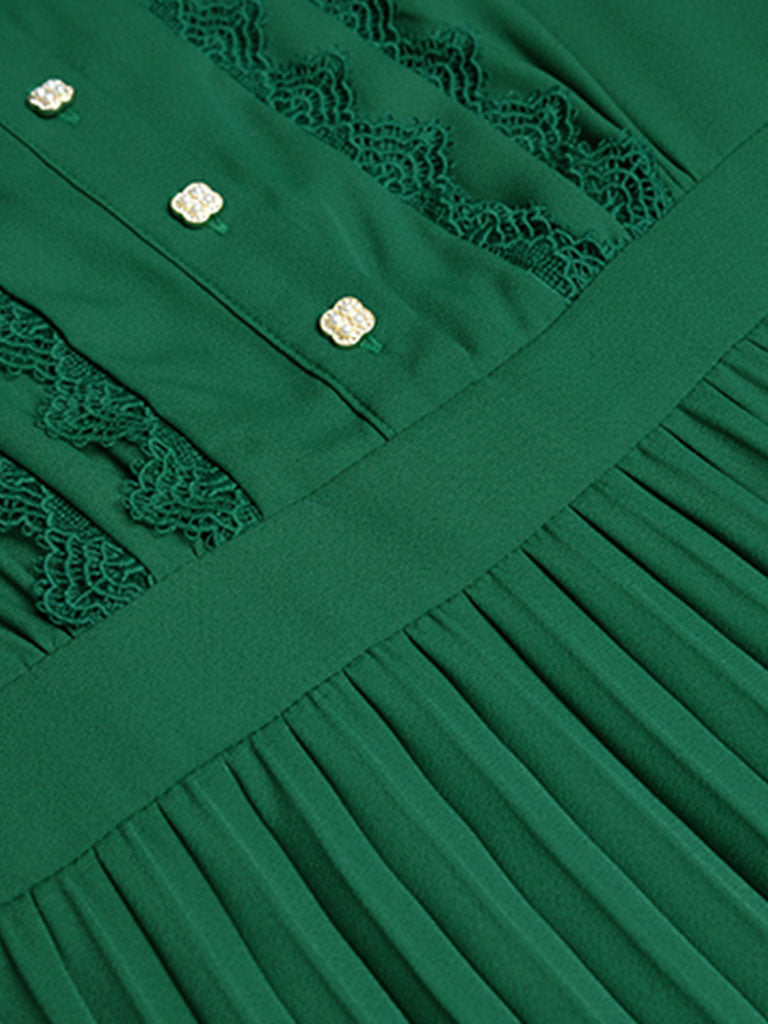 Green Bow Collar Long Sleeve Lace 1950S Vintage Maxi Dress