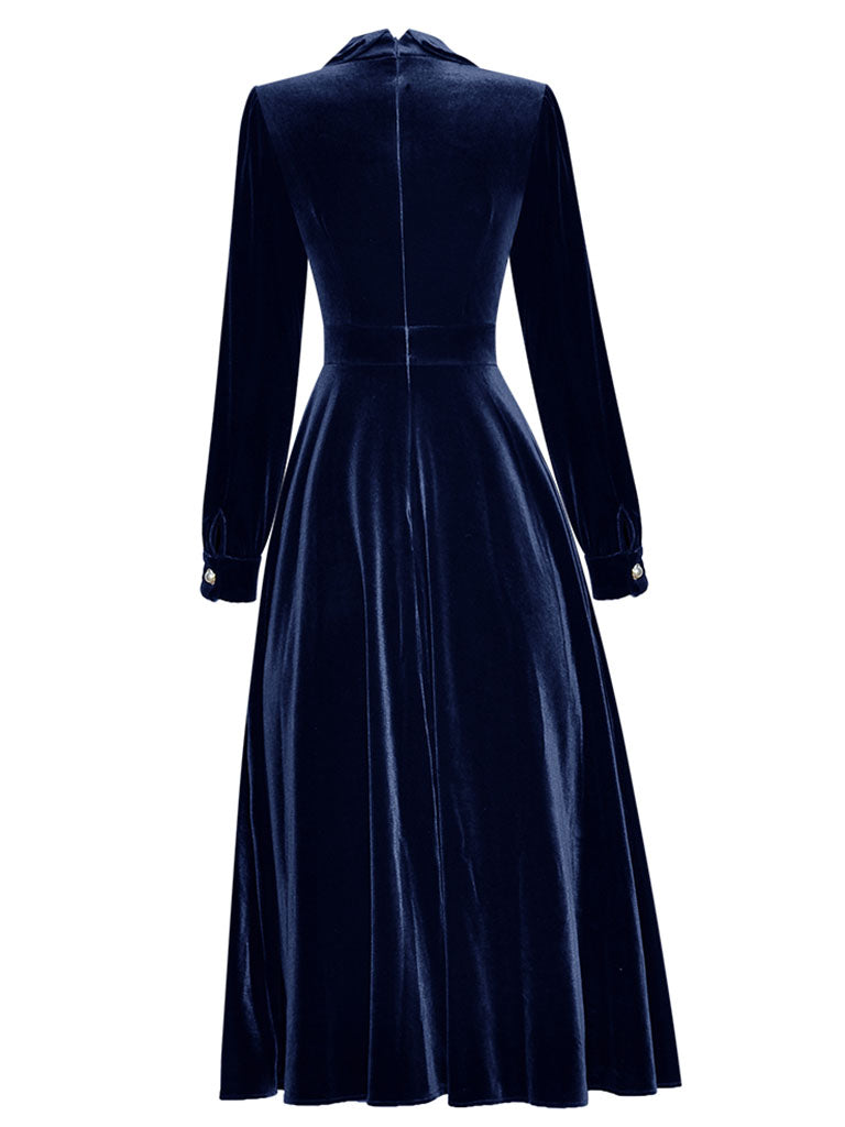 Royal Blue Peter Pan Collar Long Sleeve 1950S Velvet Vintage Dress