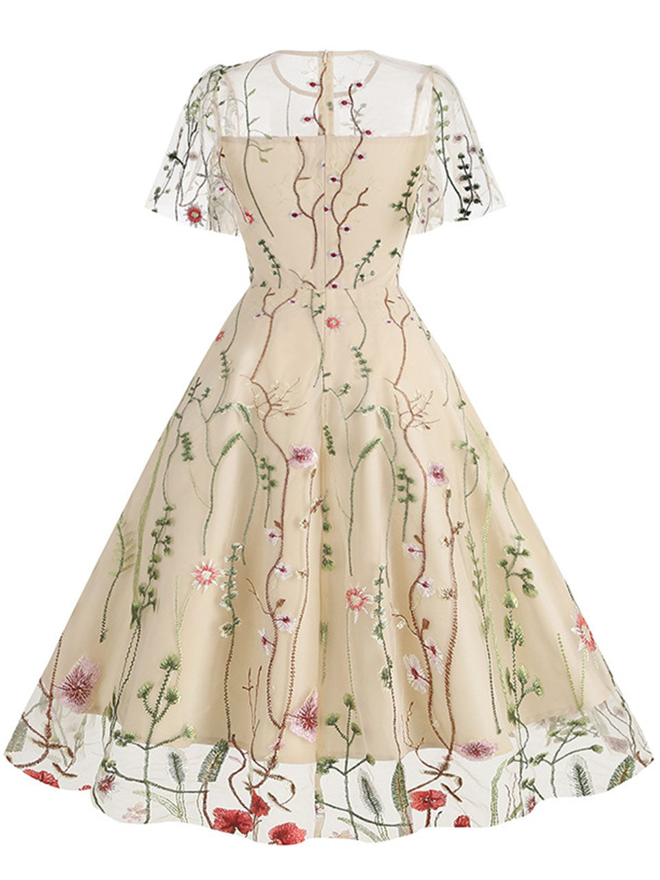 Wine Red Semi Mesh Flower Embroidered Short Sleeve 50S Swing Dress
