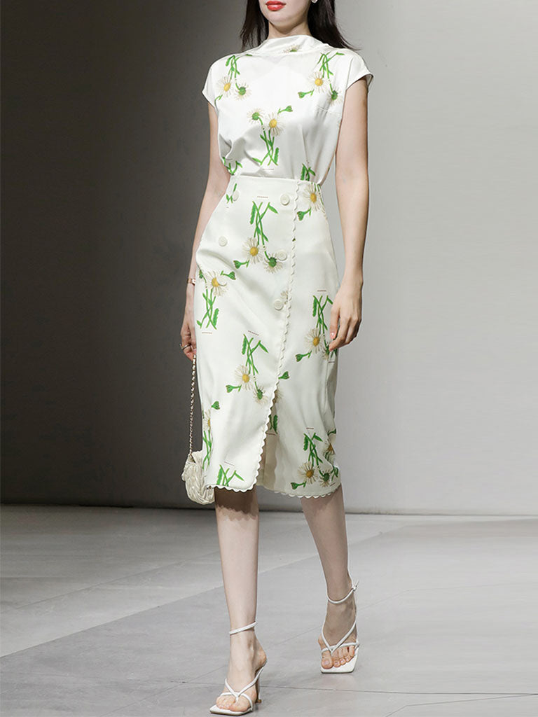 2PS White Retro Stand Collar Satin Printed Top