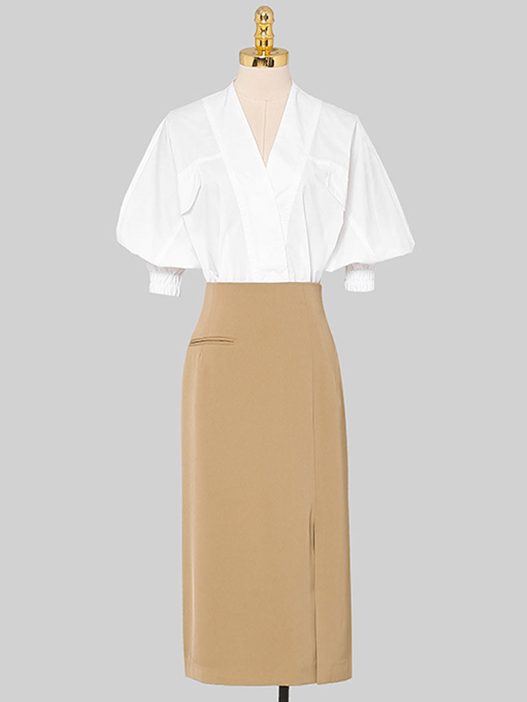 2PS V Neck White Shirt And Khaki Split Bodycon Skirt Suit