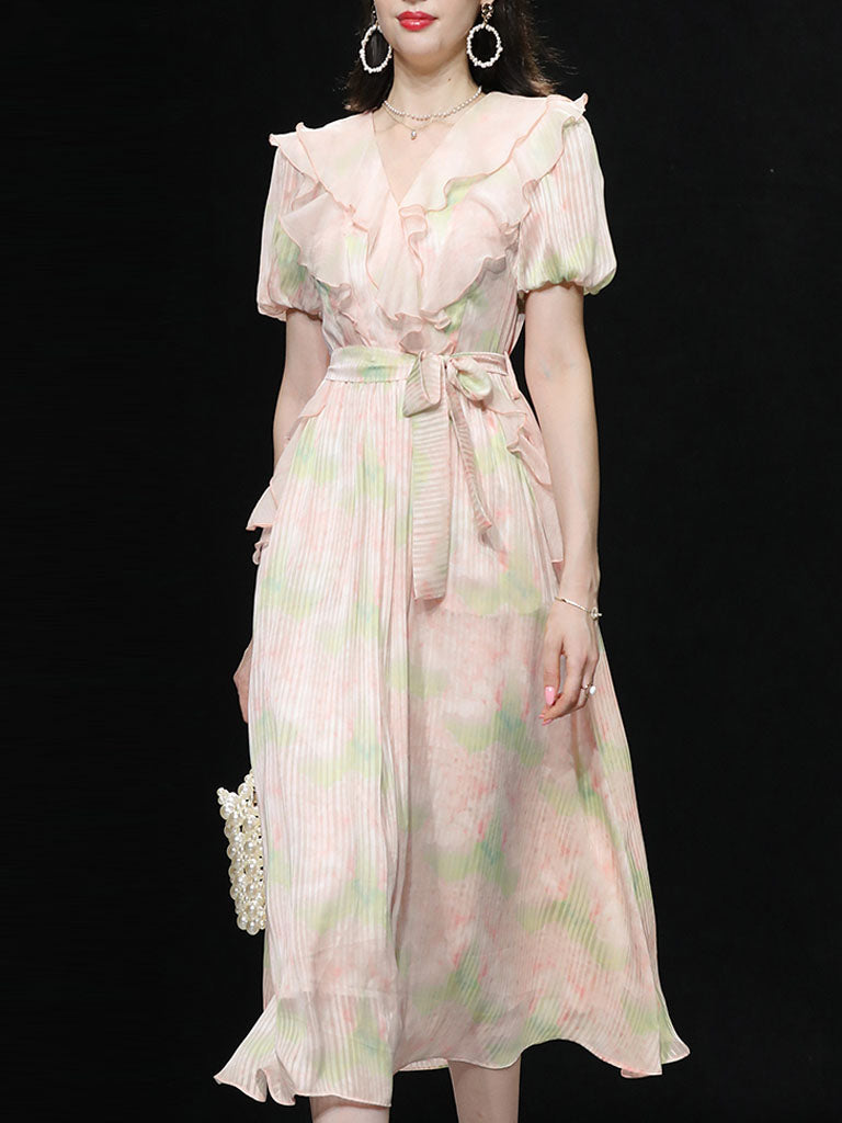 Pink Ruffles Collar Floral Frint Puff Sleeve 1950S Vintage Dress