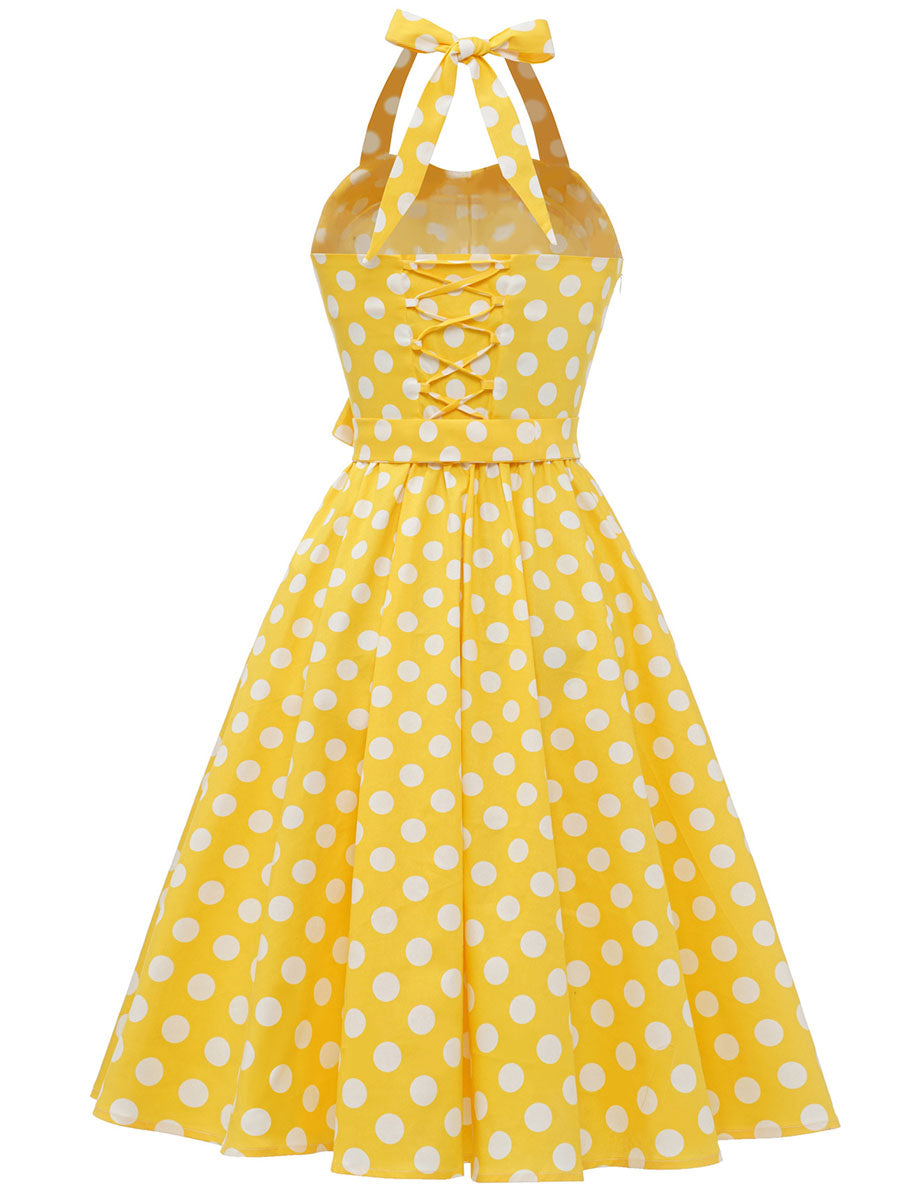 Blue And White Polka Dots Vintage Halter 1950S Dress