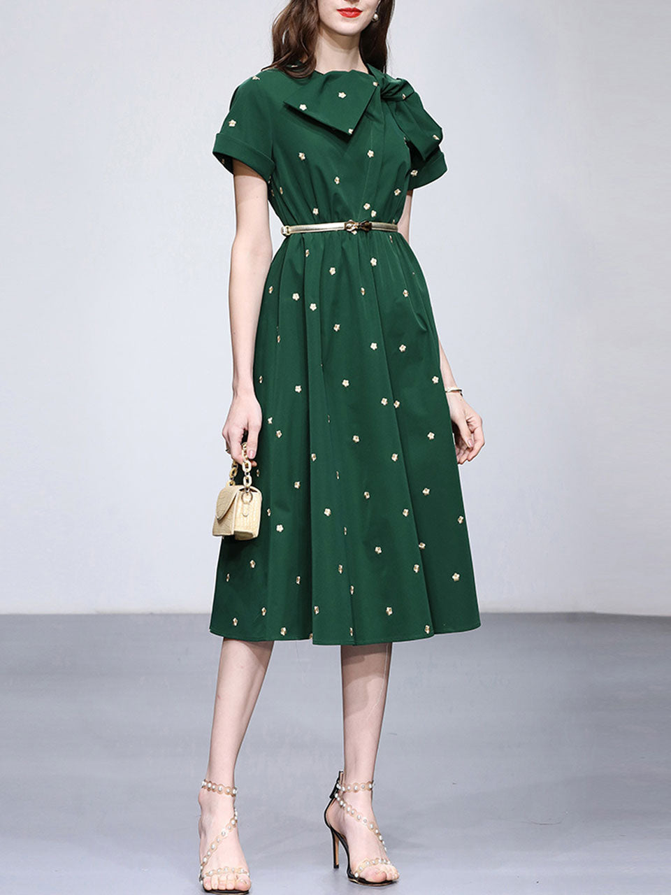 Dark Green Bow Collar Embroidered Flower 1950S Vintage Dress