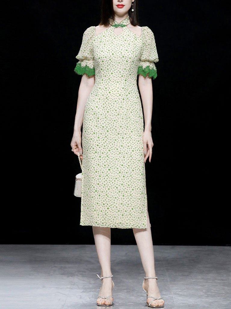 Hollow Fresh Floral Vintage Style Slit Cheongsam Dress
